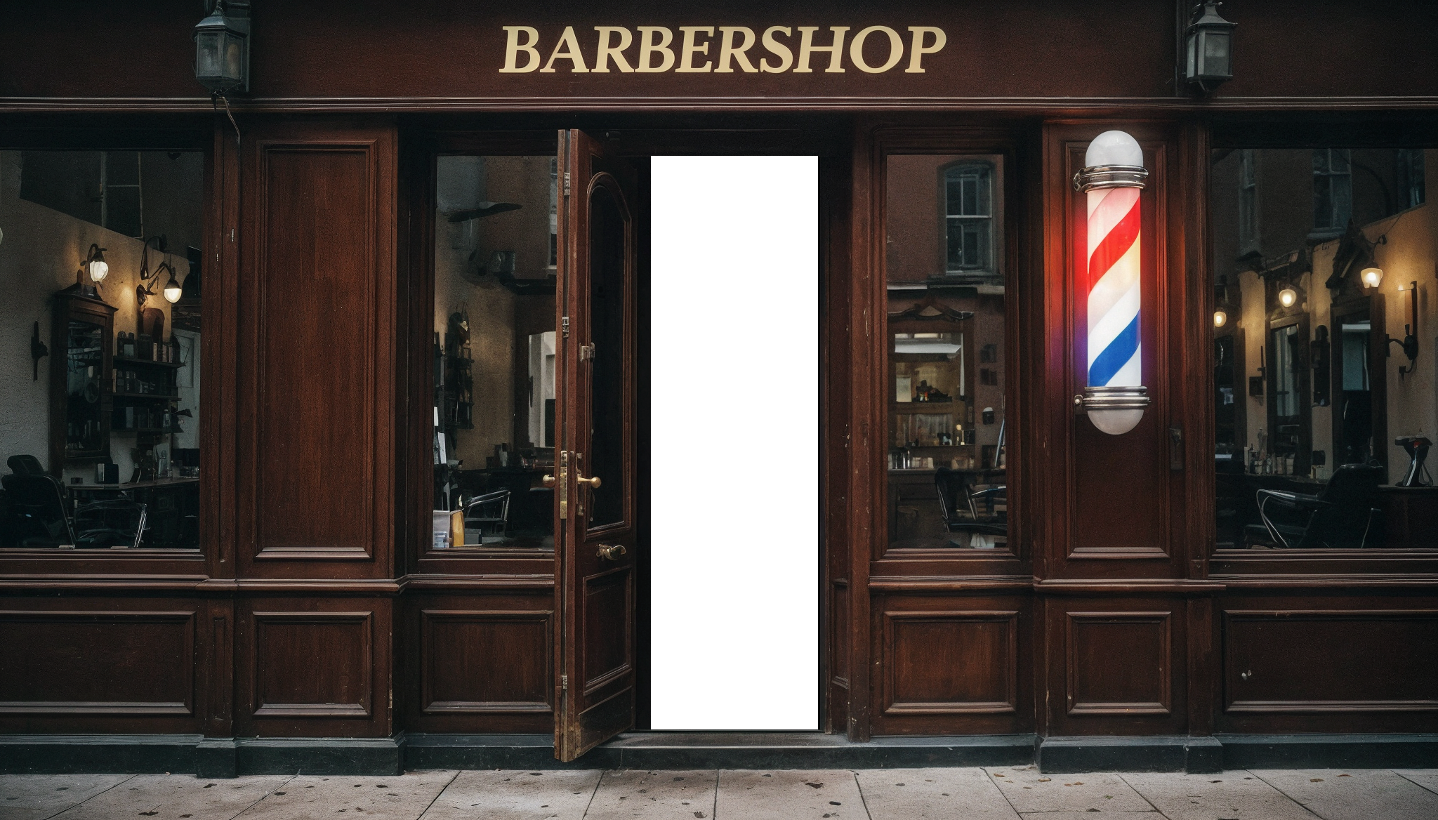 Fachada de la barbería con la puerta abierta.